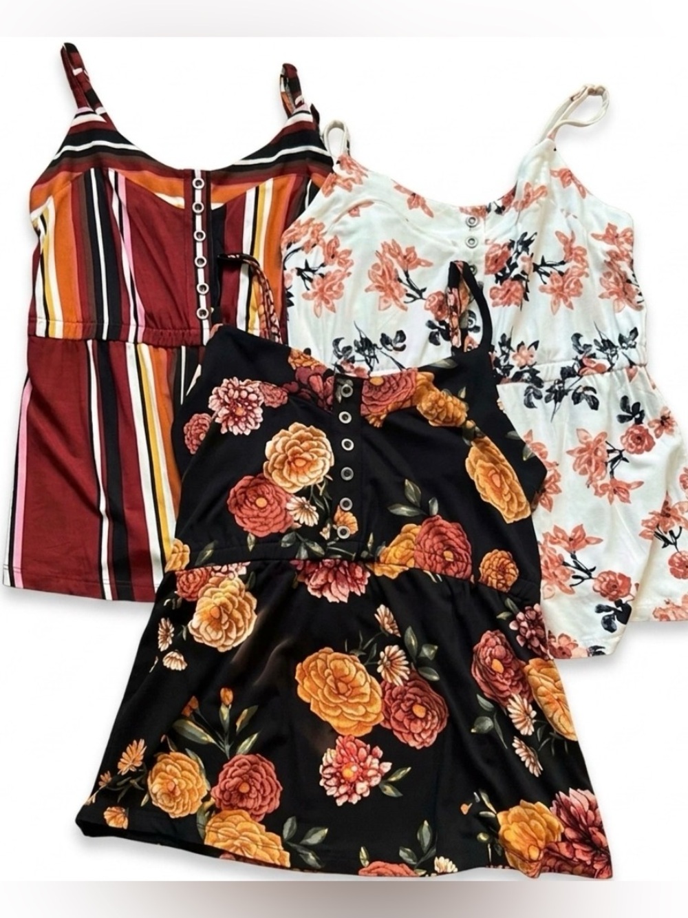 Set of 3 Ricki’s Adjustable Strap, Shirred Back, Tank Tops - 2 floral 1 striped